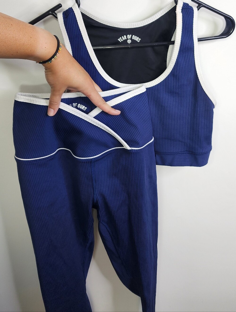 Year of Ours Navy Ribbed Sports Bra & Veronica Leggings Set with White Trim